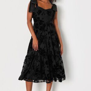 Lulus Sweet Essence Black Floral Burnout Velvet Tie-strap Midi Dress - Size S